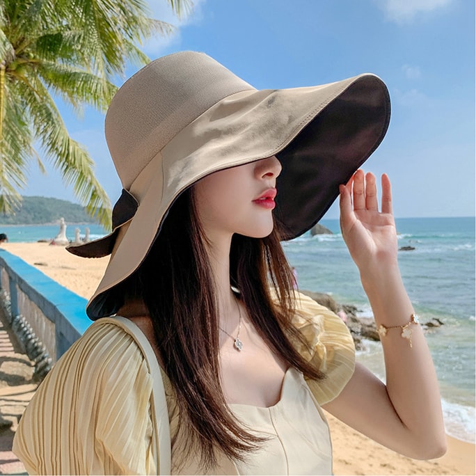 HSPM 여성용 넓은 챙 모자, 여름 자외선 차단, 얇은 얼굴 보호 모자, 머리 둘레 조절 가능, 카키색 (한 개)