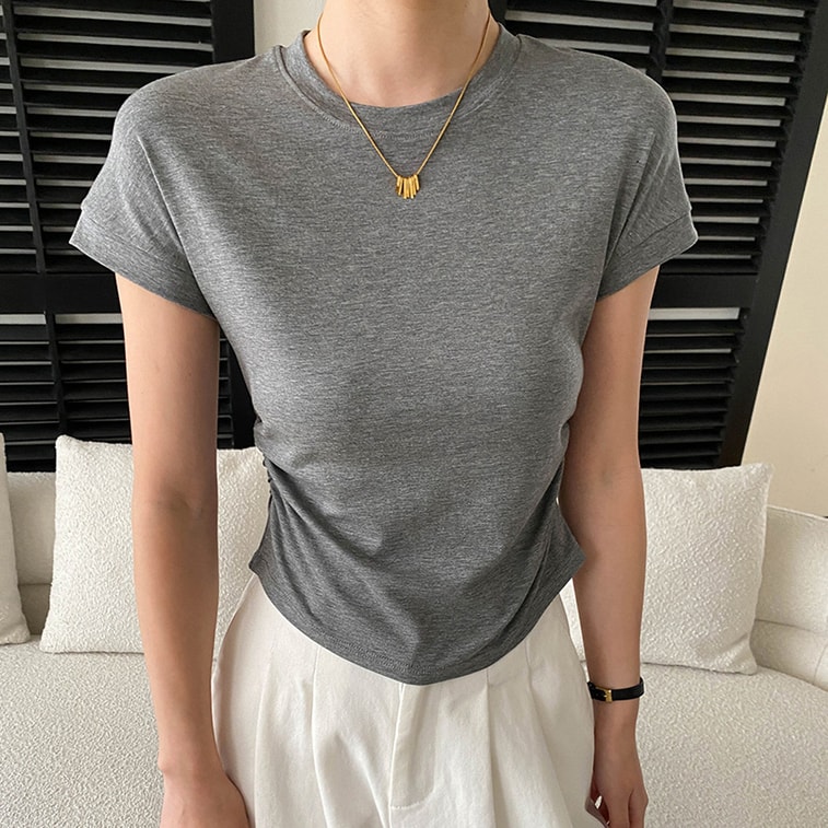 Paper Man Wearing Simple and Versatile Round Neck Folded Waist Slimming Short Sleeve T-shirt White L 3