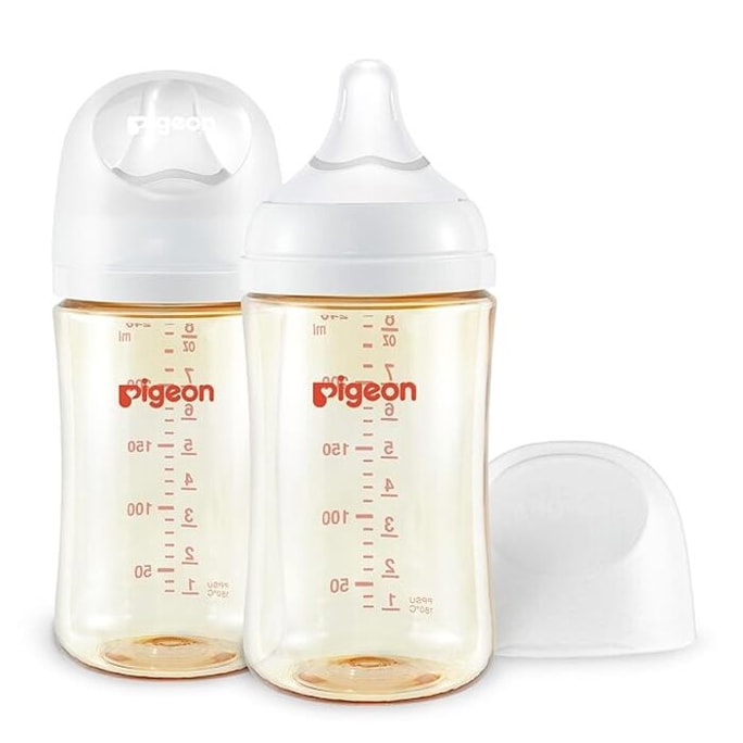 日本製 PIGEON 哺乳瓶 新生児 PPSU ボトル 幅広直径 ナチュラルでリアルな模造母乳 第 3 世代 240ML 2 パック おしゃぶり 2 M 付き (3-6 ヶ月)