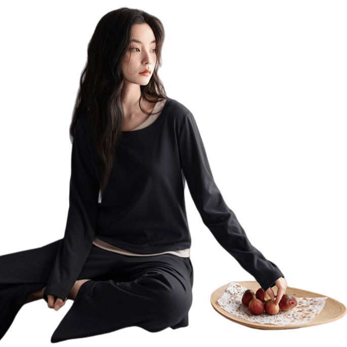 【中国直送】Luxendion【ドイツ製フリース保温ロック】秋冬 長袖 スリムフィット 薄手フリース パジャマセット ダークグレー Mサイズ