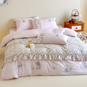 Alice's Secret Garden 3-pc Bedding Set, Multiple Sizes, 100% Cotton. Breathable, Moisture-absorbent, Soft. Rabbit Embroidery & Floral Ruffle. All-season, Cozy Forest-style Bedroom.