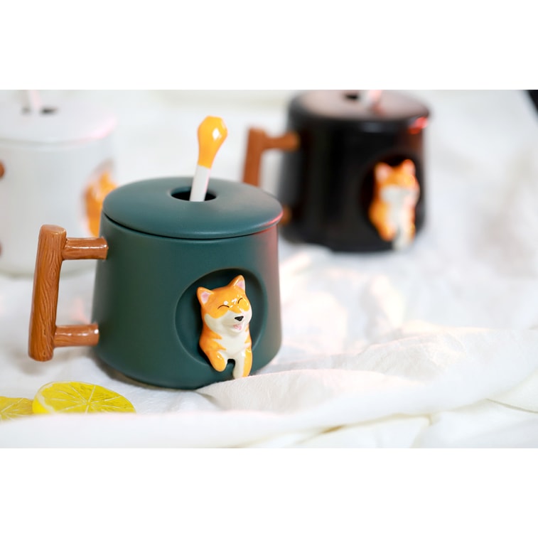 GINKGOHOME Cute Dog Ceramic Mug Wood Handle Design With Spoon And Lid - Green 16oz 12