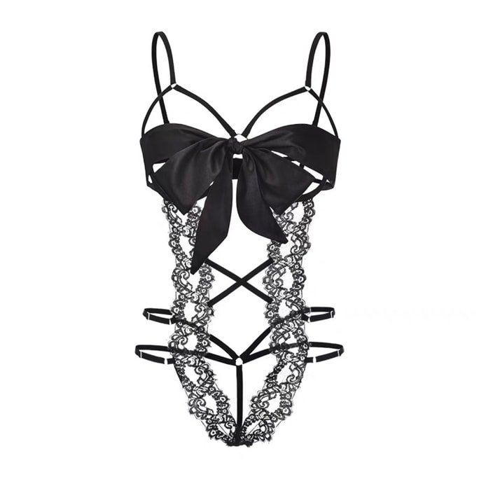 【Miss69】情趣內衣 | 性感緞帶蝴蝶結綁帶鏤空蕾絲連體免脫內衣 - 均碼黑色