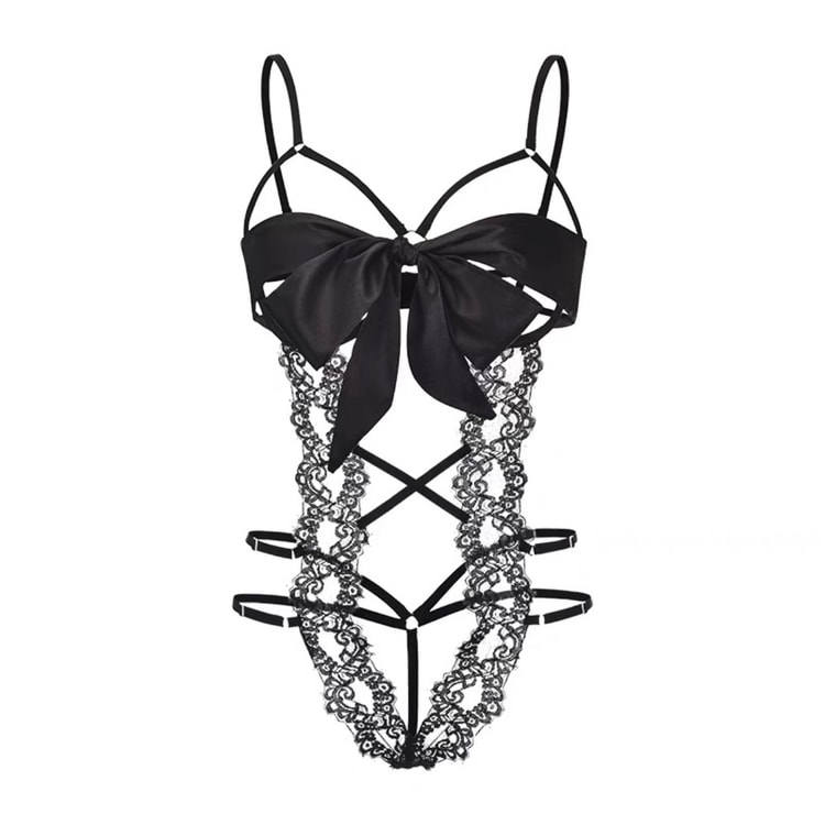 Sexy Oversized Satin Bow Crotchless Lace Bondage Lingerie - One Size Black  - Yami.com