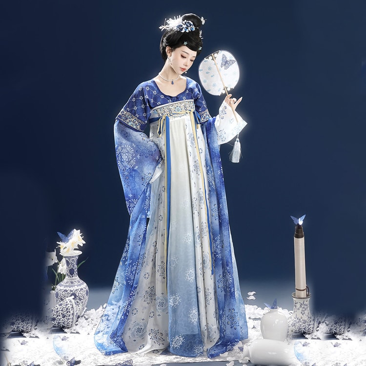 blue and white porcelain pattern dress Original Chinese Style Blue and White Porcelain Super Fairy Tang-style  Chest-high Hanfu Ruqun Set Blue Background Blue and White Porcelain Pattern