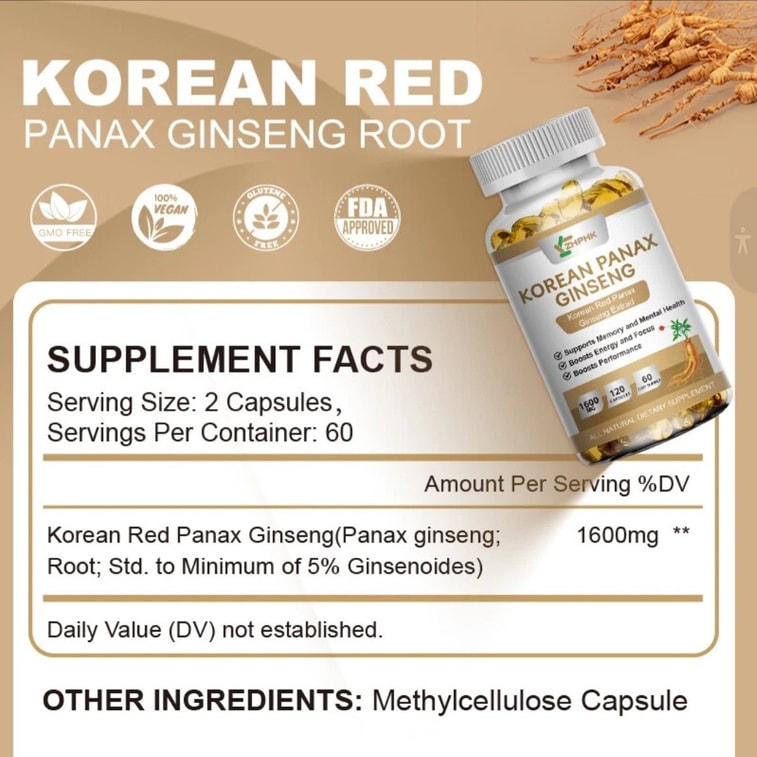 Korean Red Panax Ginseng - 120 Capsules - Extra Strength 1600mg Highest Potency 4