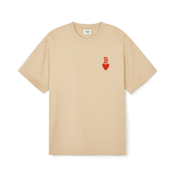 Unisex Heart Small Logo Oversized Short Sleeve Tee Shirt Boston Redsox Beige L