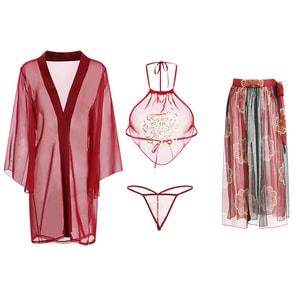 [중국에서 온 다이렉트 메일] 화려한 섹시 레이스업 슬릿 한푸 프린트 메쉬 배꼽 포켓 섹시 속옷 마룬 원사이즈 (겉옷 제외)