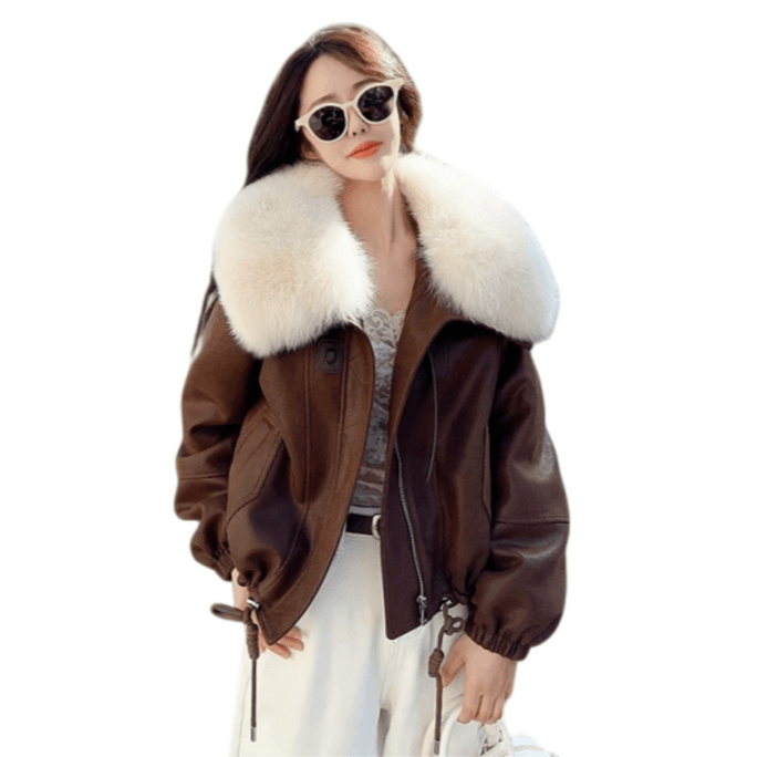New Fox Fur Grass Coat Women's Goose Velvet Inner Tank Motorcycle Coat Brown M (Under 125 Pounds)