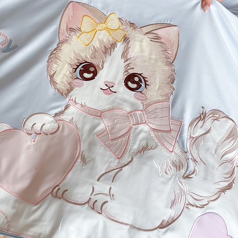 Cute Kitty Embroidery Bedding Set For 1.2m Bed. 60S Long Staple 100% Cotton, Soft & Skin-friendly. Glossy, Breathable Cat Applique Bed Linen For Bedroom, Dorm Or Rental. Sweet Girl Home Decor. 8