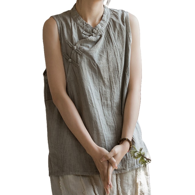 Chinese Style Ramie Stand-up Collar Retro Button Tank Top-Fog Onesize