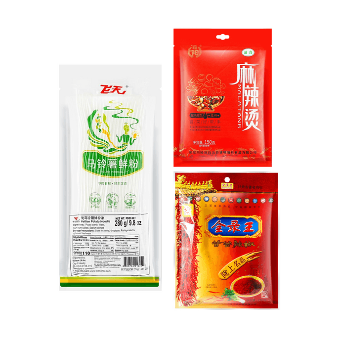 Tianshui Spicy Hot Pot Seasoning Pack 5.29 oz+Gangu Chili 7.05 oz+Pure Potato Fresh Thin Noodles 9.87 oz【3 Packs】