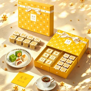 Osmanthus Moon Tea & Mooncake Gift Box,11.57 oz【Tea Cube Mooncake*3+Osmanthus Cake*3+Osmanthus Tea*8】