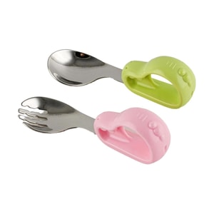 LUSN如山 小恐龍叉勺套裝 寶寶湯匙 吃飯訓練學吃訓練吃飯輔食叉勺 316材質綠+粉
