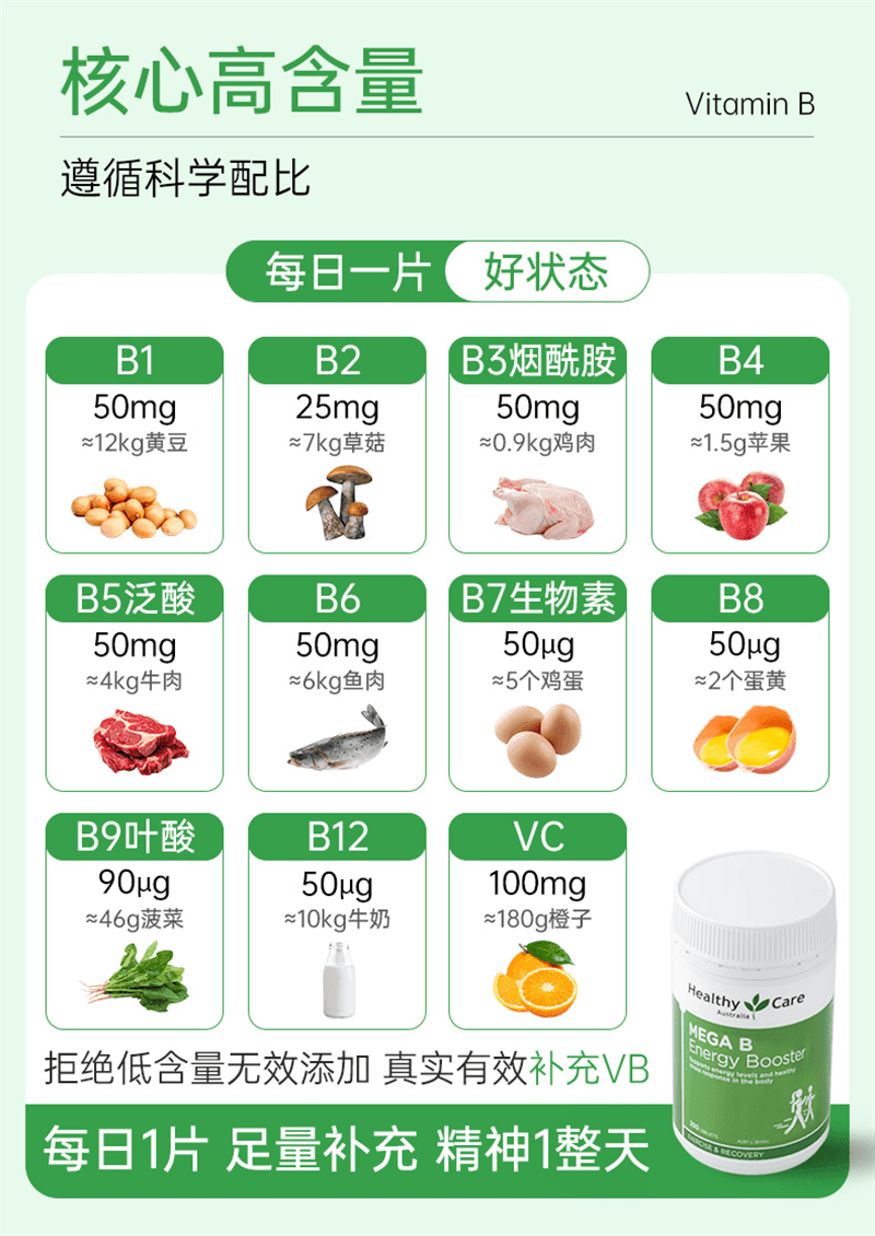 【中国直邮】 澳大利亚 Healthy Care 澳洲进口复合维生素B族片 vb肌醇b12生物素B6烟酰胺 200粒/瓶