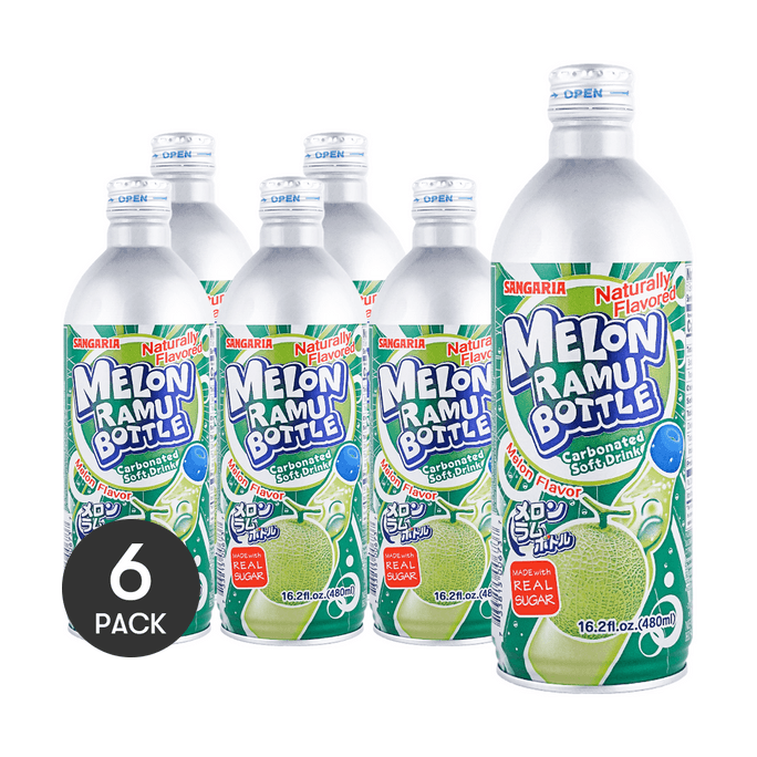 Melon Ramune Bottle Carbonated Soft Drink, 16.2 fl oz *6【6 Packs】