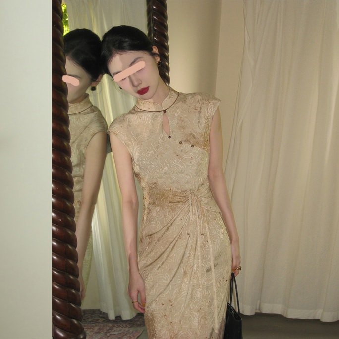 [중국에서 온 다이렉트 메일] HSPM 새로운 스푸마토 자카드 국가 스타일 새로운 중국 스타일 개선된 치파오 드레스 살구 XS