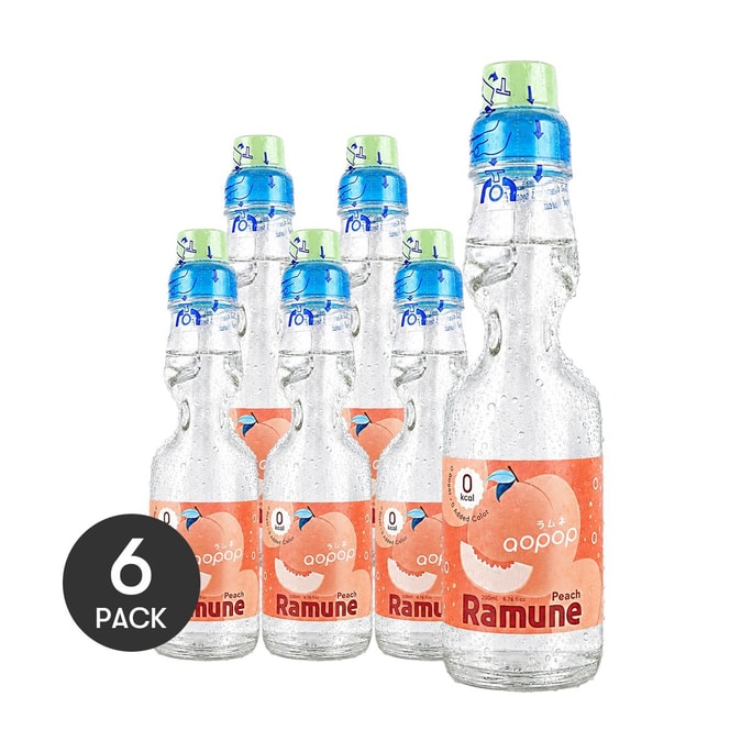 0 Calories Ramune Japanese Marble Soda,Peach Flavor, 6.76 fl oz *6【6 Packs】【 0 Sugar 0 Fat】