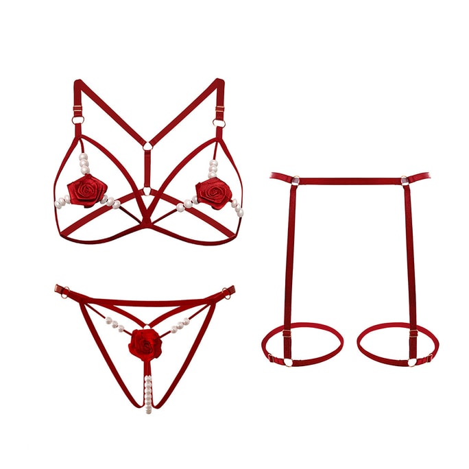 Fun Lingerie Rose Beaded Three-point Set Wine Red One Size
