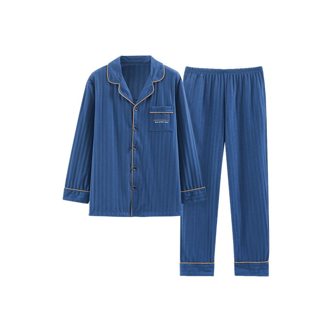 Button Up Long Sleeve Pajamas Loungewear Set Blue XXL 175-183cm Men's