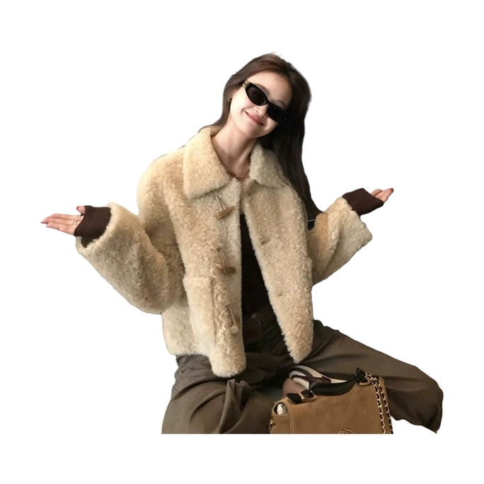 Short Wool Fur Coat Horn Buttons Light Yellow S