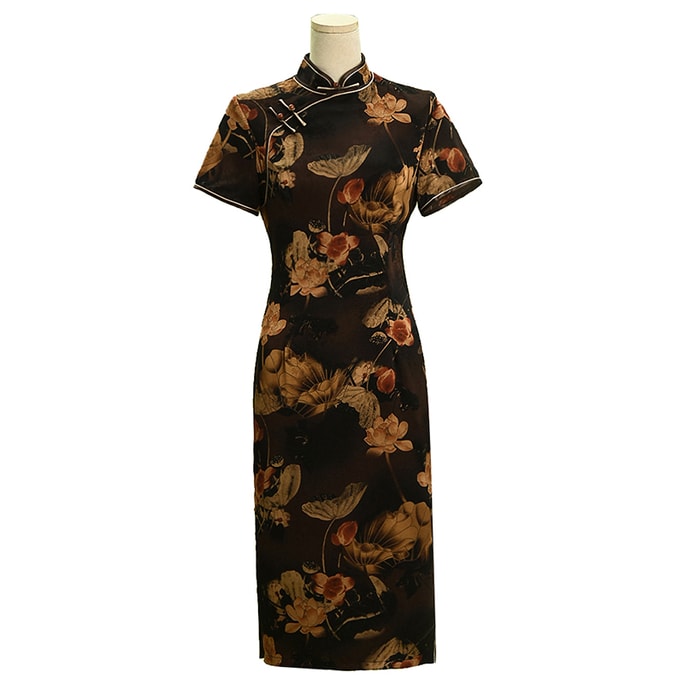 New Chinese style high-end qipao women's summer  coffee color 3XL size