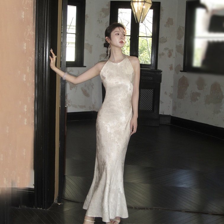 French Elegant Slim Waist Mermaid Dress Halter Long Dress Off Shoulder Sleeveless Natural Linen L 1 Piece 6