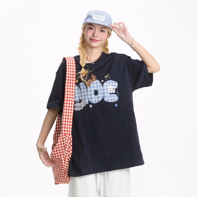 New Loose And Cute Puppy Checkered Embroidered Short Sleeved T-Shirt In Navy Blue S
