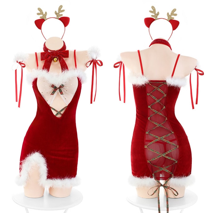 中国直邮 毛毛透纱系带圣诞情趣内衣套装 红色均码
