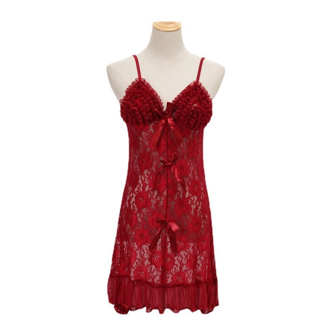 【中国直邮】林林婷 热款大码吊带蕾丝睡衣套装 枣红色