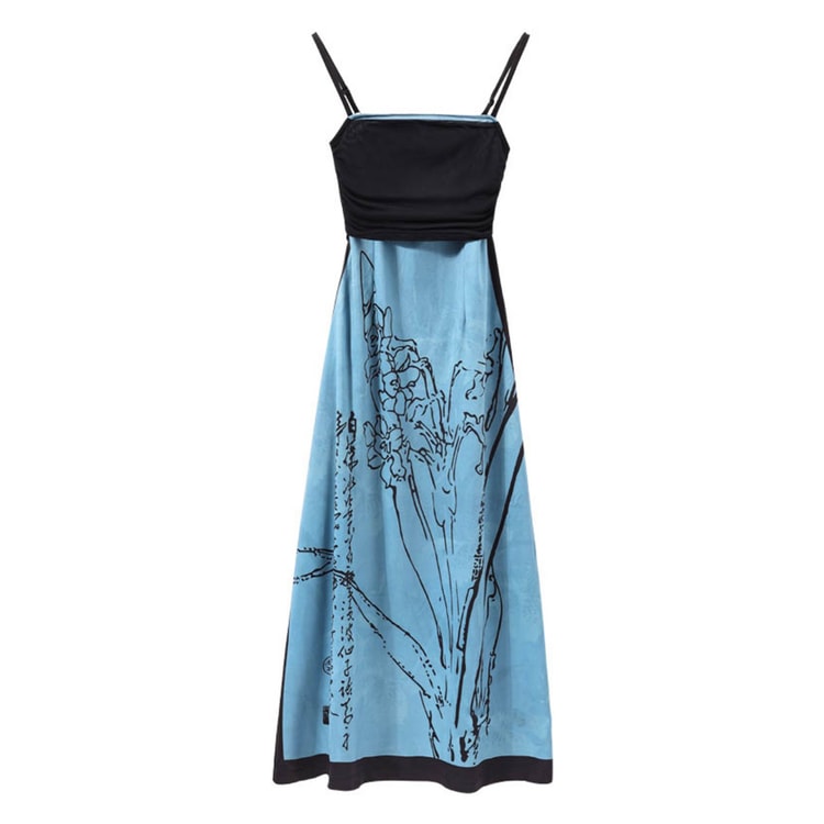 New Chinese Style Printed Spliced Mesh Long Suspender Dress In Blue And Blue M - Yami.com New Chinese Style Printed Spliced Mesh Long Suspender Dress In Blue And Blue M - Yami.com