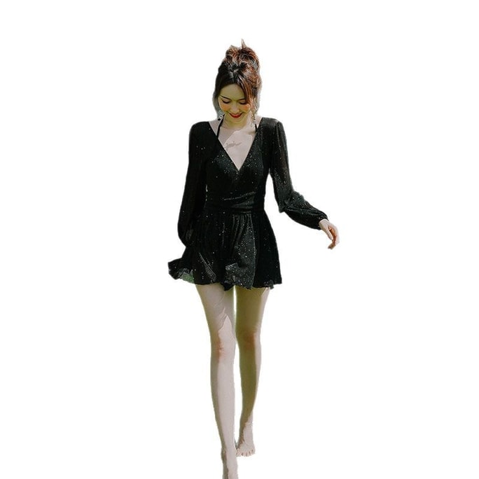 Long Sleeved Slimming Conservative Anti Glare One-piece Swimsuit Black M Size