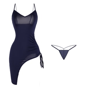 【中国直送】Manyan Lingerie ディープV セクシースリット ボディコン サスペンダードレス ブルー フリーサイズ