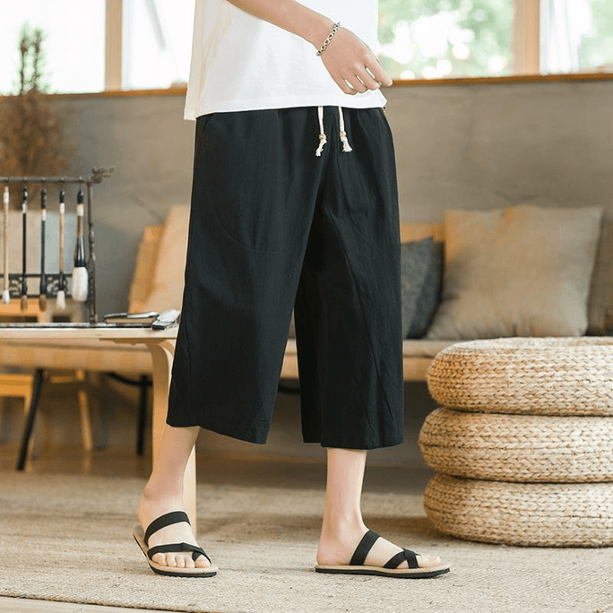 【中国からの直送】ASIS メンズ コットン＆リネン アイスシルク クロップドショーツ ゆったり 速乾 パンツ - ブラック M