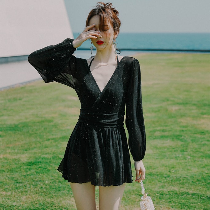 One-piece Swimsuit Popular Long Sleeved Cover Meat Show Thin ins Style Hot Spring Bathing Suit YMS229055 Black L