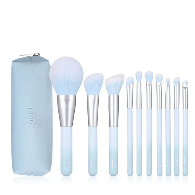 10-Piece Hint of Blue Makeup Brush Set: Ultra-Soft Brushes for Eyeshadow, Blush, Concealer & Nose Contour - Full Collection