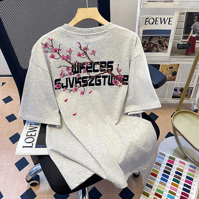 Chinese Style Embroidered Short Sleeve Loose T Shirt Light grey M