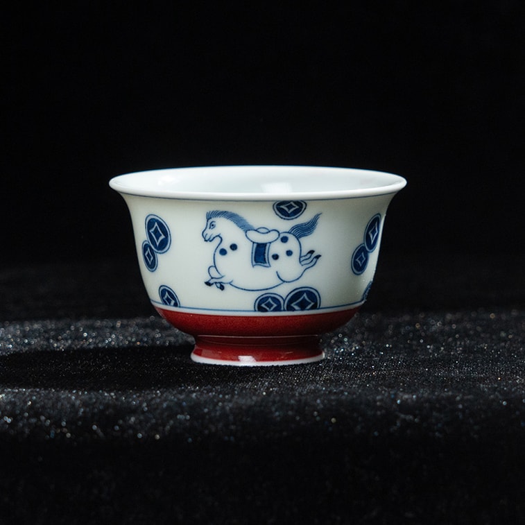 여동생의 차 시음: "어서 부자가 되세요" 손으로 그린 ​​나팔형 찻잔, 청화백자 선덕홍자, 시음잔, 쿵푸 찻잔, 주인의 잔, 경덕진 도자기, 룬추이탕 장인 수공예품, 60ml 6