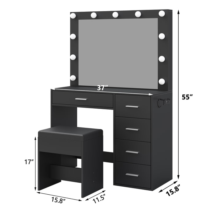 Vanity Table (black) Warm Light Simple Installation 37 Inch 94cm Large Capacity Vanity Table