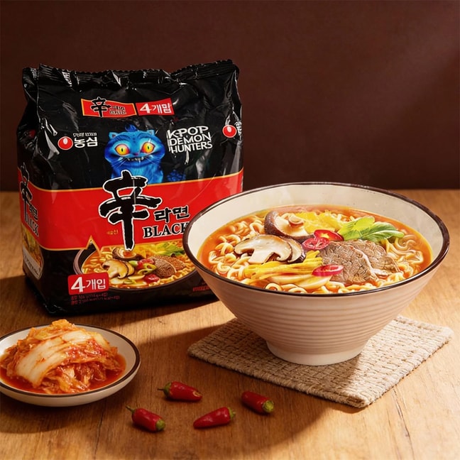 Kpop Demon Hunters Shin Black Ramyun - Ramen With Beef Broth , 4 Packs, 18.9 oz 【Korean Version】【Package varies】