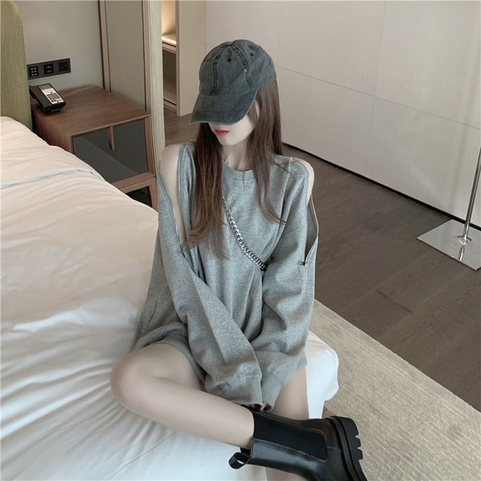中国直邮 奢笛熊 春秋季新款长袖露肩拉链卫衣女宽松韩版女装 灰色 M
