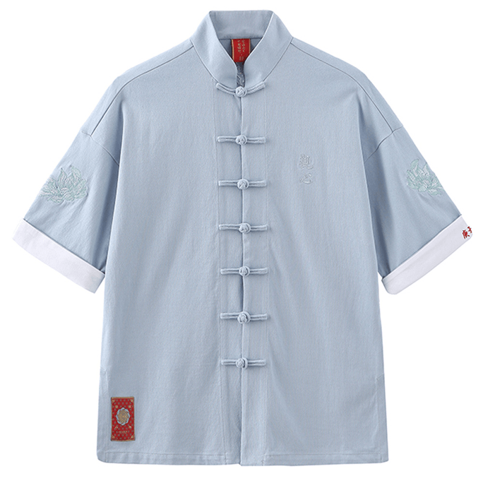 Chinese Style Loose Fit Retro Button Tang Costume Short Sleeve T Shirt For Men Women-Blue,X-Large