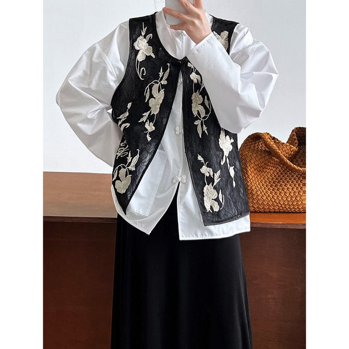 New Chinese Style Concealed Button Flower Embroidery Vest Cardigan Black M