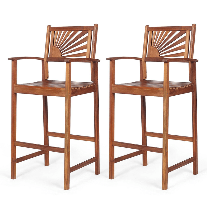 2 Pieces 29 Inch Outdoor Acacia Wood Bar Chairs With Sunflower Backrest And Armrests