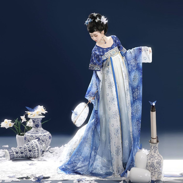【中国直邮】 HSPM 青花瓷原创风超仙气唐制齐胸汉服襦裙套装 白底青花瓷 齐胸款四件套 L 1套 5