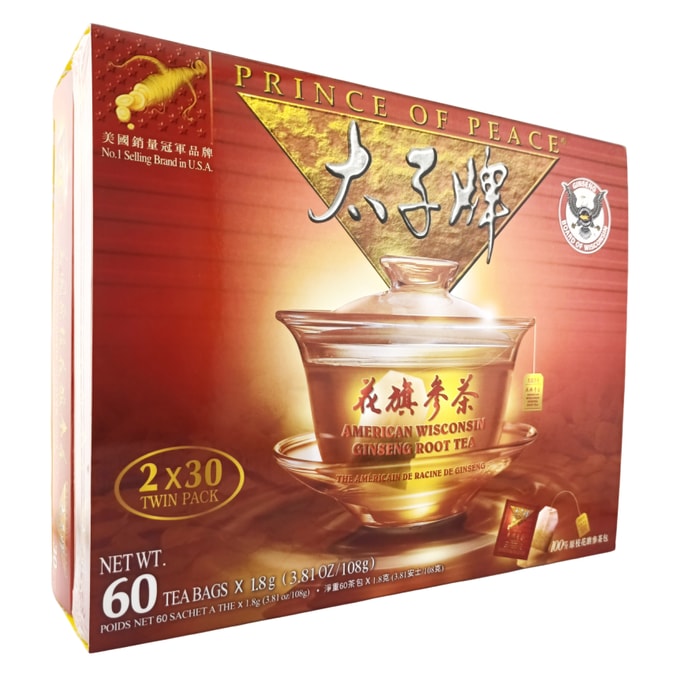 太子牌 美国威斯康辛州 花旗参茶 60茶包 参农业总会官方认证全美销量冠军-100% 纯天然无咖啡因滋补舒缓、益气提神花香馥郁优质草本茶 日常养生必备