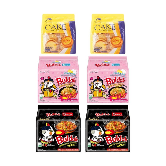4 Packs Samyang Buldak Noodles (Carbonara & Hot Chicken Flavor ) & 2 Packs Success Import Egg Tarts Cake 3500g Total
