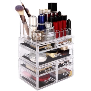 ROSELIFE 【化妆收纳】 [TFD]三层亚克力化妆品收纳盒首饰储物盒7个抽屉和12 + 4槽口红眉笔香水架可拆卸透明