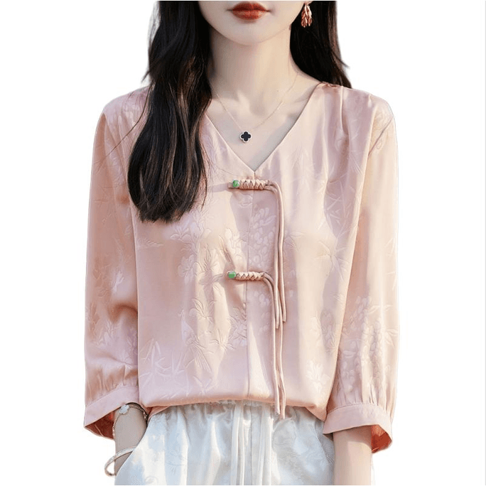 Chinese Style Silk V neck Three-quarter Sleeve T Shirt Blouse Pink L