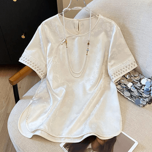 Chinese Style Stain Jacquard Beading Short Sleeve T Shirt Beige M